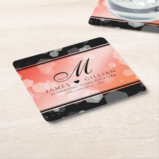 Elegant 35th Coral Wedding Anniversary Celebration Square Paper Coaster