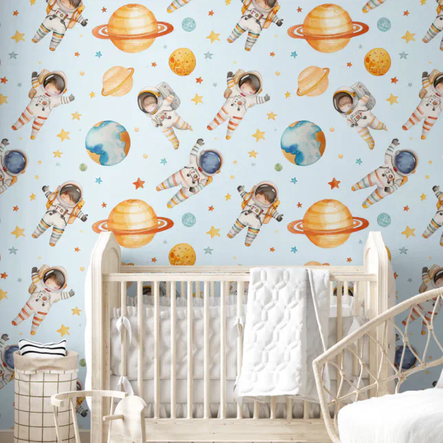 Cute Watercolor Explorer Astronaut Nursery Room Wallpaper