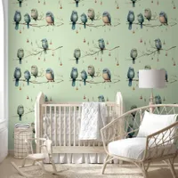 Whimsical Birds on Branches Vintage Style Wallpaper