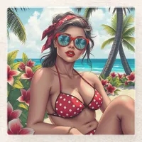 Red Bikini, Sunglasses and Bandana Woman  Glass Coaster