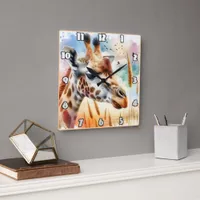 Majestic giraffe gazing over the African savannah Square Wall Clock