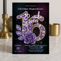 Luxury Chic Purple Amethyst Gemstone Rose Sweet 16 Invitation
