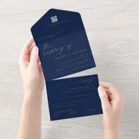 Romantic Navy Blue Gold Delicate Script Wedding All In One Invitation