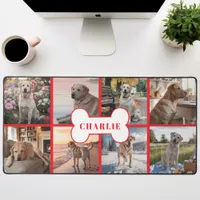 Custom 8 Photo Collage Dog Bone Pet Red Desk Mat