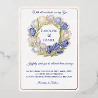 Elegant Watercolor Tulip Wreath Wedding Blue Ivory Foil Invitation