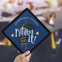 Trendy Typography Grad 2025 Nailed It Navy Graduation Cap Topper