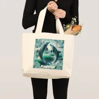 Monogram Blue Teal Dolphins Ocean | Large Tote Bag