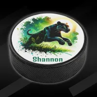 Black Panther with green surroundings Monogram | Hockey Puck