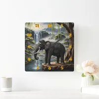 Majestic Elephant Drinking at Serene Waterfall Square Wall Clock