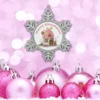 Monogrammed Cute Pink Merry Christmas Christmas |  Snowflake Pewter Christmas Ornament