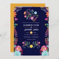 Deep Navy & Marigold Floral Mexican Fiesta Wedding Invitation
