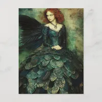 Woman wears Dark Green Fish Scale Dress Fantasy Postcard