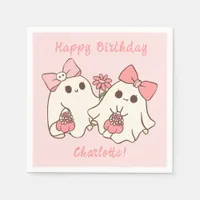 Spooky One Cute Pink Ghost & Bows 1st Birthday Napkins