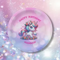 Cute Magical Unicorn Personalized Girl's Birthday Paper Plates