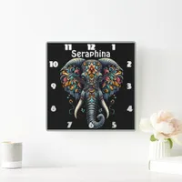 Colorful elephant adorned with intricate patterns square wall clock