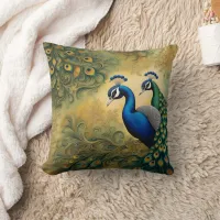 Colorful Peacocks Among Vibrant Greenery Throw Pillow