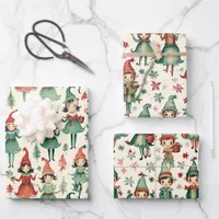 Cute Vintage Elves Christmas Seasonal  Wrapping Paper Sheets