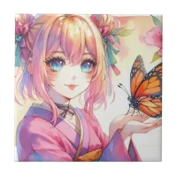 Anime Girl Holding a Butterfly Ceramic Tile