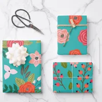 Teal and Coral Berry Pattern Wrapping Paper Sheets