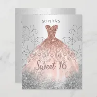 Budget Silver Rose Gold Dress Sweet 16 Invitation