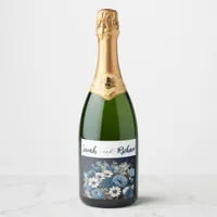 Elegant Navy Floral Wedding  Sparkling Wine Label