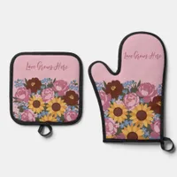 Floral Decor Love Grows Here - Peonies sunflowers Oven Mitt & Pot Holder Set