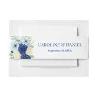 Navy Royal Bue Wedding Watercolor Ivory Flowers Invitation Belly Band
