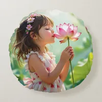Sweet Little Girl Smelling a Flower Round Pillow
