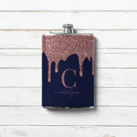 Navy Blue Rose Gold Sparkle Glitter Drips Monogram Flask