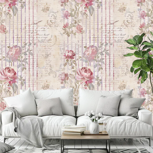 Shabby Chic Romantic Vintage Roses Floral Pattern Wallpaper