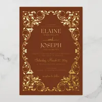 Rustic Elegant Ornate Frame Terracotta Wedding Foil Invitation