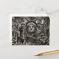 Sad Statue of Liberty in Wheelbarrow Ruins Collage Postcard