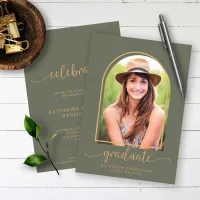 Boho Arch Minimalist Green Gold Photo Graduation Invitation