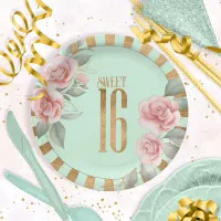 Gold Foil Stripes Floral Sweet Sixteen Mint ID757 Paper Plates