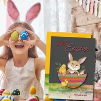 Easter Bunny with chicks Grey Yellow Holiday Card