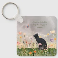 Black Cat in Flowers Keychain