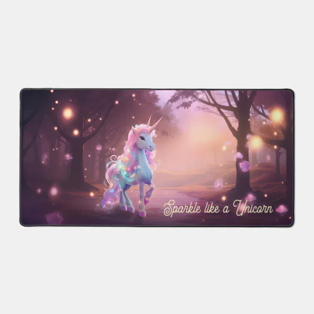 Cute Unicorn in a Pink Magical Forest Desk Mat