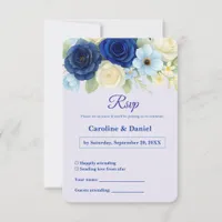 Navy Royal Bue Wedding Watercolor Ivory Flowers RSVP Card