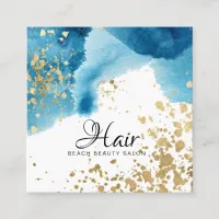 *~*  Gold Glitter Abstract Beach Blue Watercolor Square Business Card