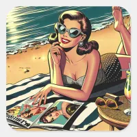 Retro Woman at Beach reading a Fashion Magazine Square Sticker