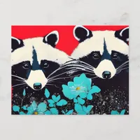 Adorable Raccoons With Blue Flowers Postcard