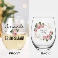 Bridesmaid Gold Glitter Geo Pink Floral Wedding Stemless Wine Glass