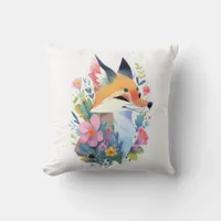 A whimsical scene of a cute fox in the flowers throw pillow