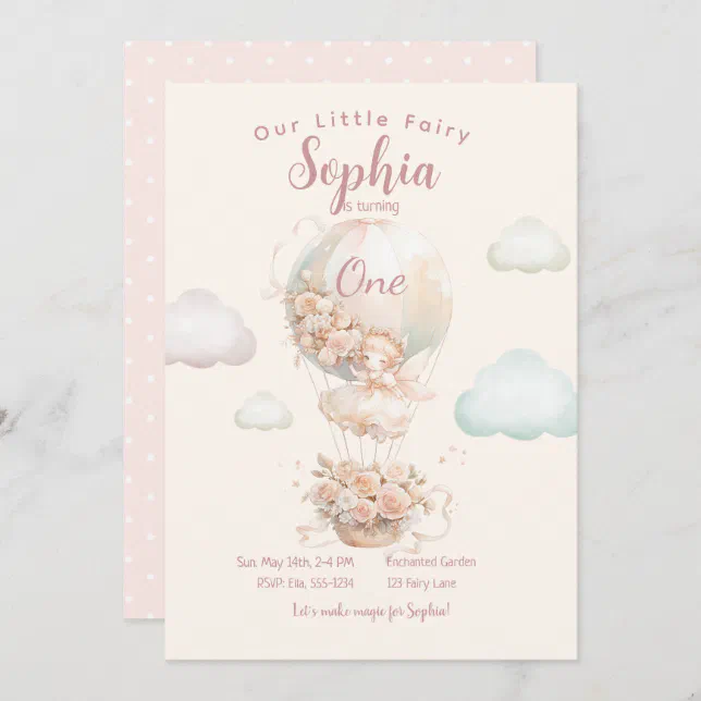 Fairy Girl Hot Air Balloon First Birthday Invitation