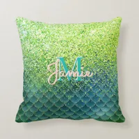 Monogrammed Metallic Slime Green Glitter Mermaid Throw Pillow