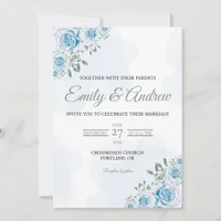 Dusty Blue Rose Modern Floral Watercolor Wedding Invitation