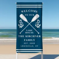 Welcome To Our Lake House Family Monogram Navy Beach Towel