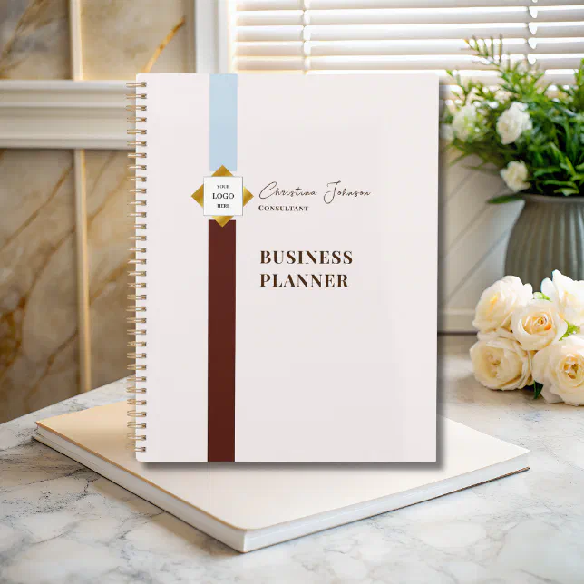 Trendy Brown Stripes Gold Logo Planner