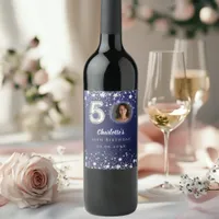 50th birthday navy blue silver stars photo wine label