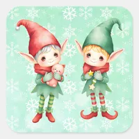 Cute Watercolor Vintage Elves Christmas Square Sticker